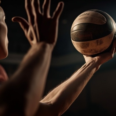 Bola de basquetebol castanho escuro e bege na mão de um jogador num ginásio