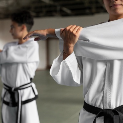 Praticantes de artes marciais a alongar braços com kimonos brancos e cintos pretos