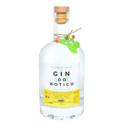 Garrafa de gin com rolha de madeira e etiquetas branca e amarela, com ornamento de cacto