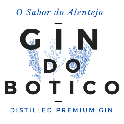 Logotipo de gin com texto em azul e preto e ilustrações de plantas