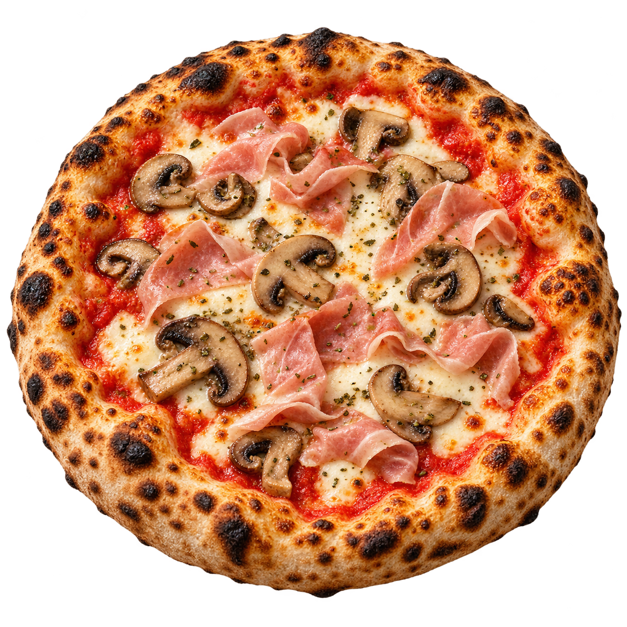 Pizza com molho de tomate, queijo, fiambre e cogumelos