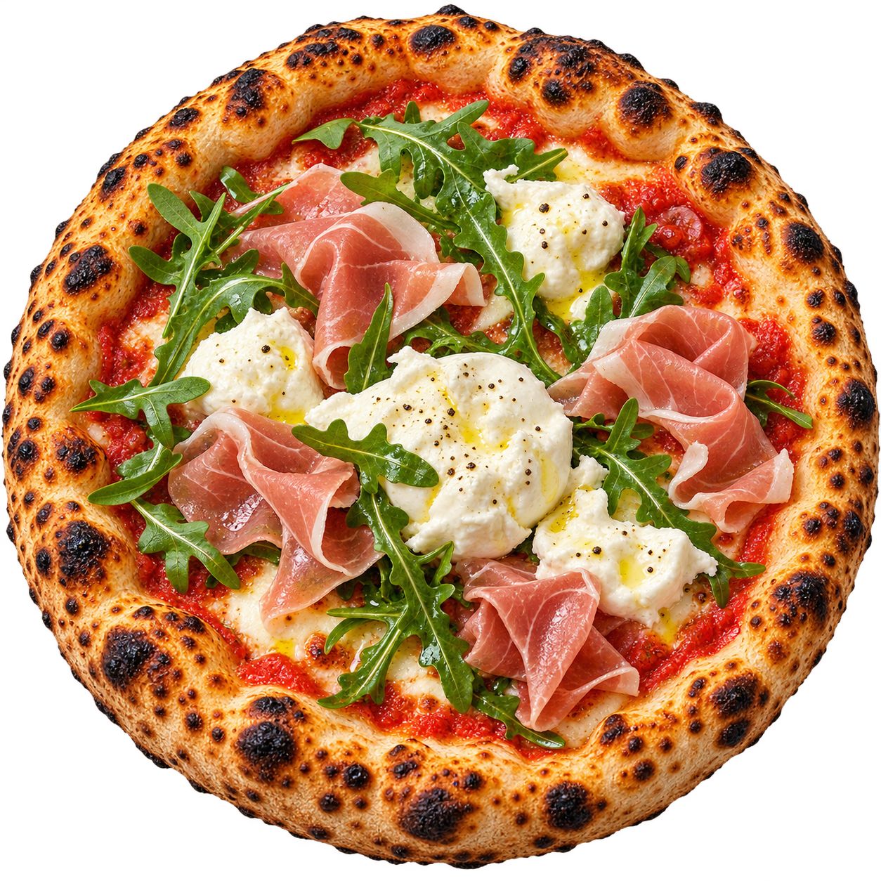 Pizza com queijo, presunto e rúcula
