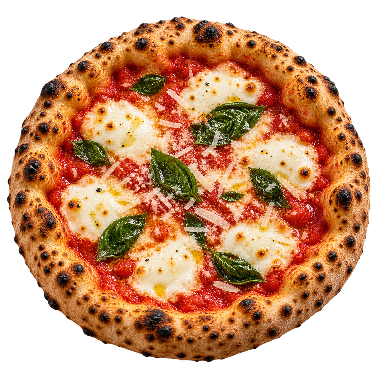 Pizza com borda alta e crocante, molho de tomate, queijo, folhas verdes e lascas de queijo