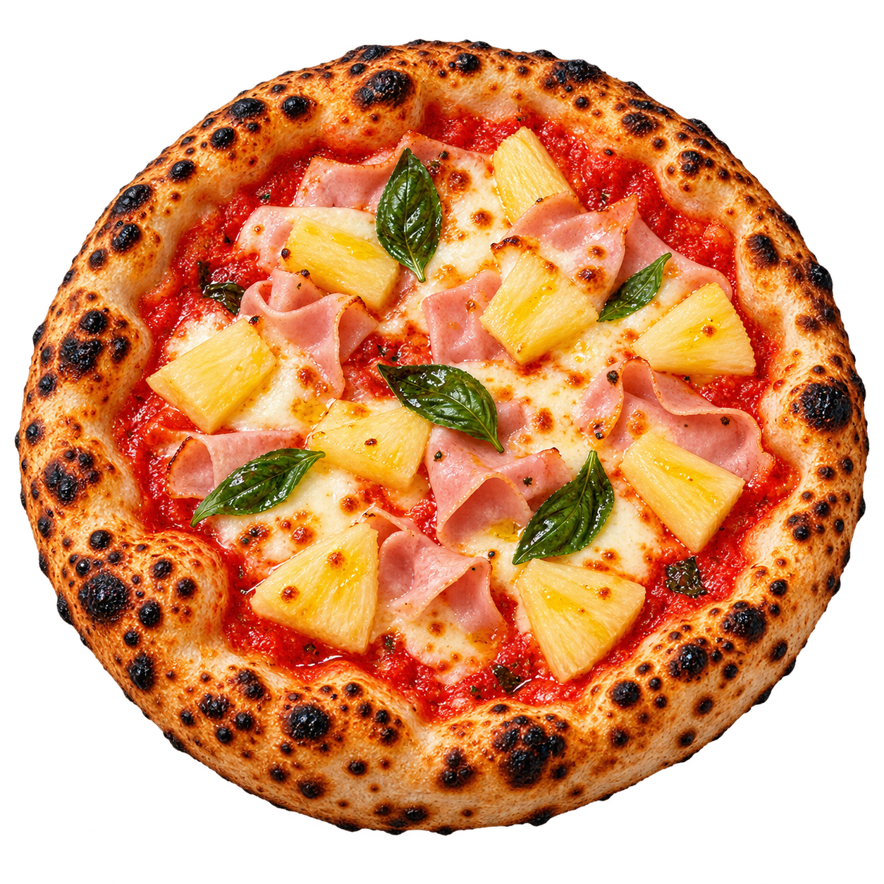 Pizza com fiambre, ananás e folhas de manjericão