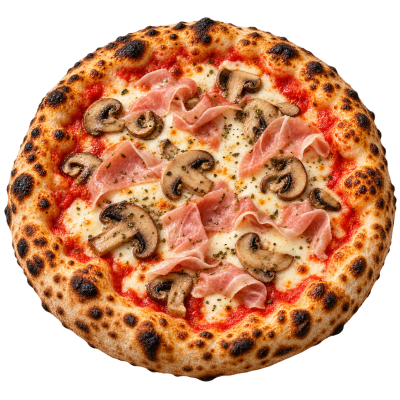 Pizza com molho de tomate, queijo, fiambre e cogumelos