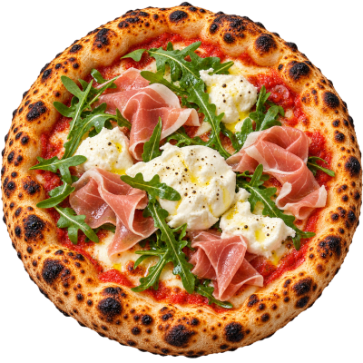 Pizza com queijo, presunto e rúcula