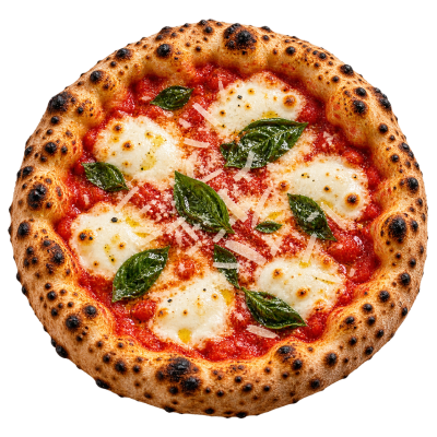 Pizza com borda alta e crocante, molho de tomate, queijo, folhas verdes e lascas de queijo