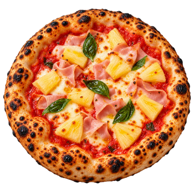 Pizza com fiambre, ananás e folhas de manjericão