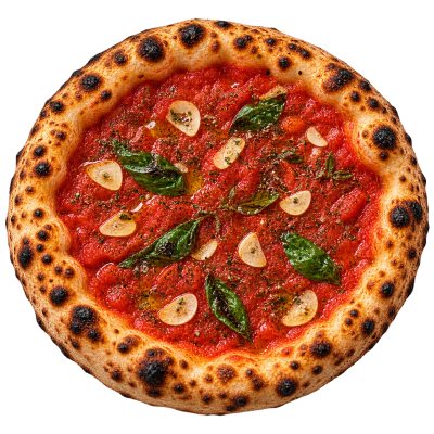 Pizza com molho de tomate, manjericão e alho sobre uma base com bordas queimadas