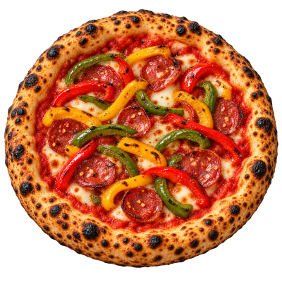 Pizza com pepperoni e pimentos coloridos