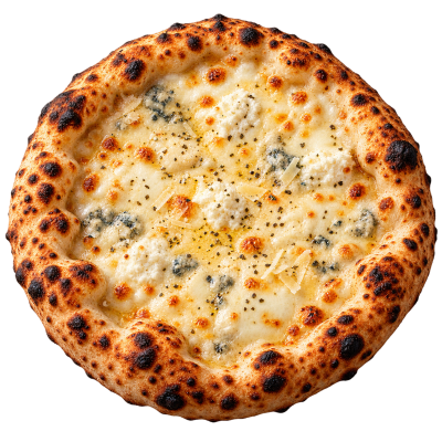 Pizza de queijo com borda grossa e crosta dourada com pontos queimados
