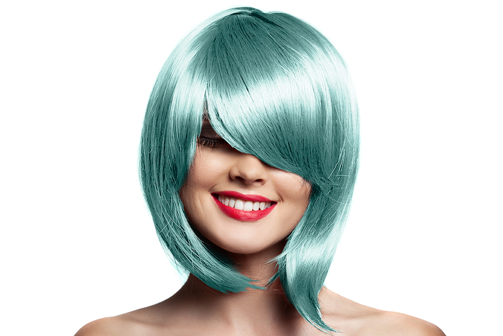 Kaycolor - Coloração 100ml - Azul Céu Mulher com peruca azul claro de cabelo sintético com corte curto e franja