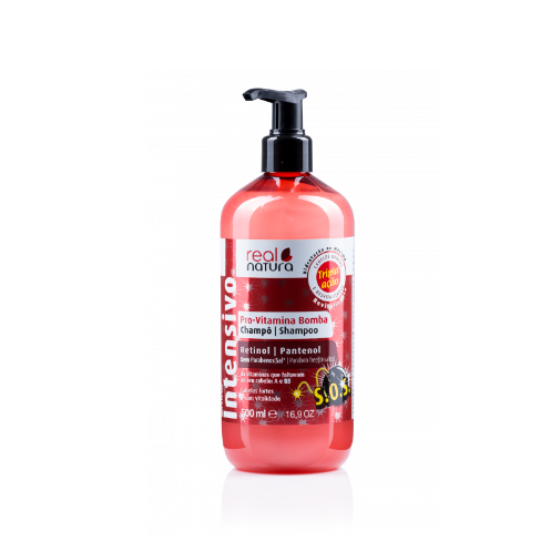 Real Natura Shampoo Pro-Vitamina Bomba SOS 500ml Frasco plástico rosado de shampoo com tampa pump preta