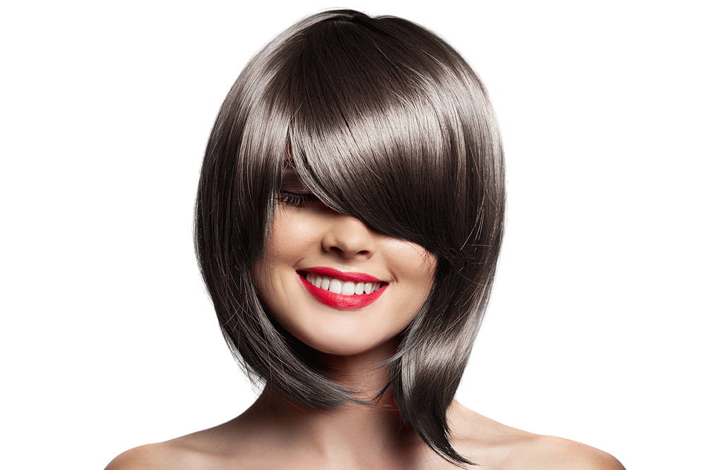 Kaycolor - Coloração 5.003 Castanho Claro Natural Bahia 100ml mulher com cabelo castanho escuro e batom vermelho