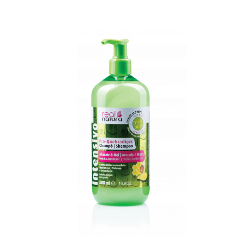 Real Natura Shampoo Abacate e Mel 500ml Frasco de champô Real Natura Intensiva Pro-Quebradiços verde com doseador e rótulo detalhado.