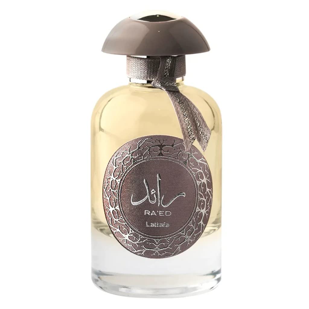 Raed Lattafa Unissex 100ml Frasco de perfume transparente com tampa cinza fosca e etiqueta cinza texturizada.