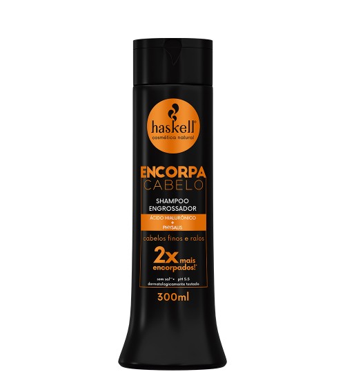 Haskell Encorpa Cabelo Shampoo 300ml Frasco preto de shampoo Haskell Encorpa Cabelo 300 ml com textos laranja e branco
