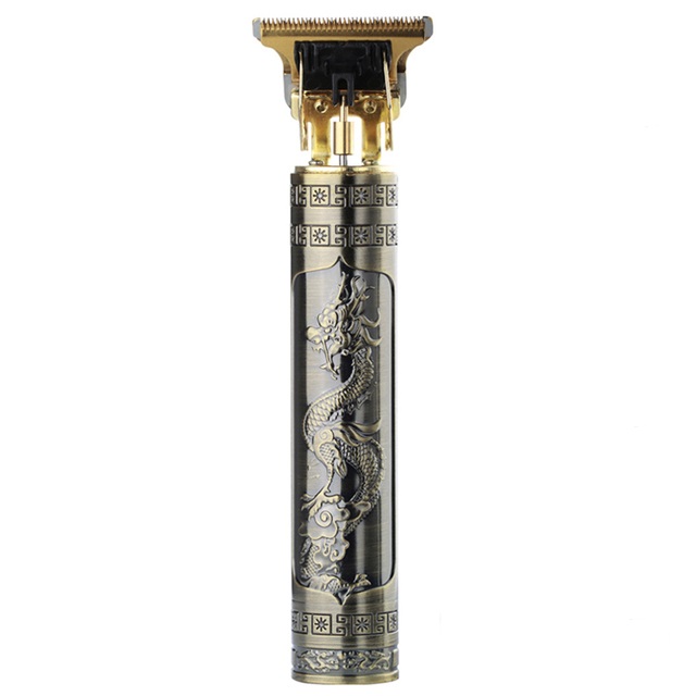 Aparelho de barbear elétrico cinza e preto com dragão dourado e lâminas douradas