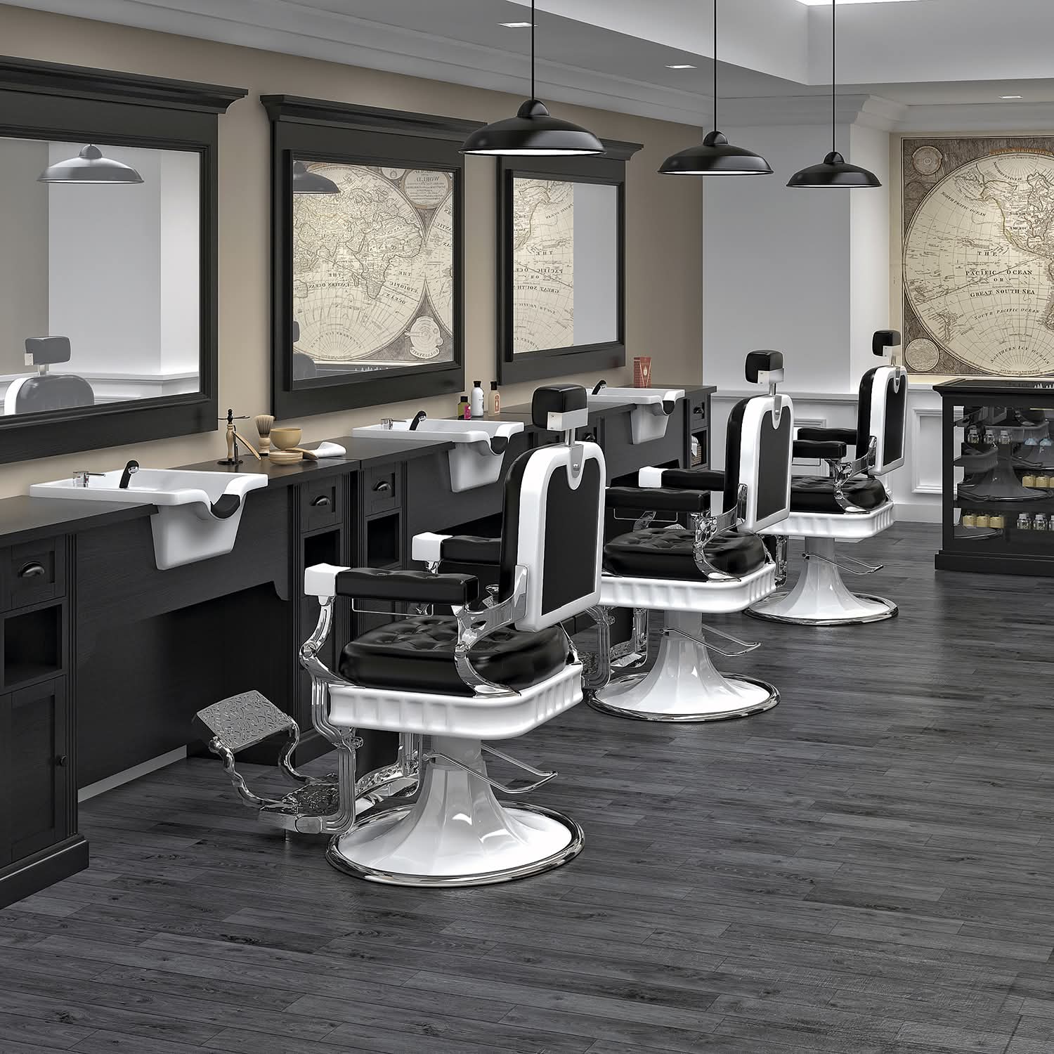 Barbearia com cadeiras pretas e brancas, espelhos grandes, piso escuro e mapas nas paredes