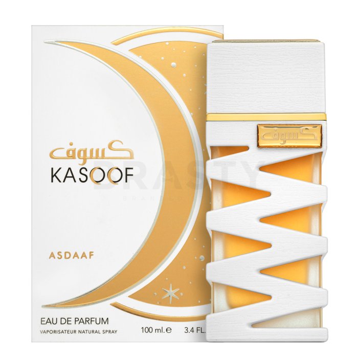 Kasoof White Lattafa Unissex 100ml Frasco e caixa de perfume Asdaaf Kasoof branco e dourado com padrão zig-zag