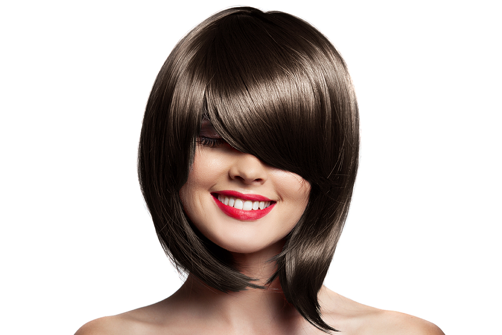 Kaycolor Coloração 5.0 Castanho Intenso 100ml Mulher com corte de cabelo bob castanho escuro e batom vermelho