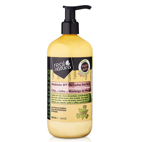 Real Natura MODELADOR BFF PRO-CACHOS SEM NÓS 500ml Frasco amarelo com doseador preto do modelador Real Natura Pró-Cachos
