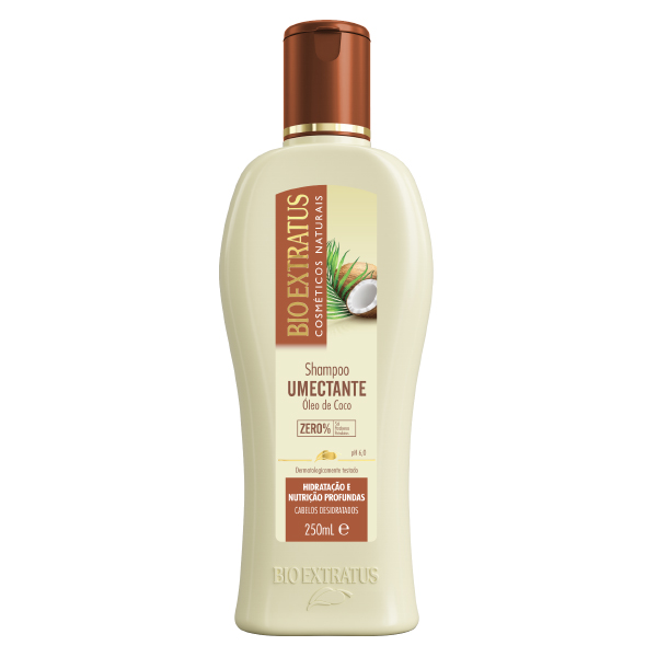 Bioextratus Umectante Shampoo 250ml Frasco creme de shampoo Bioextratus umectante com óleo de coco e tampa castanha