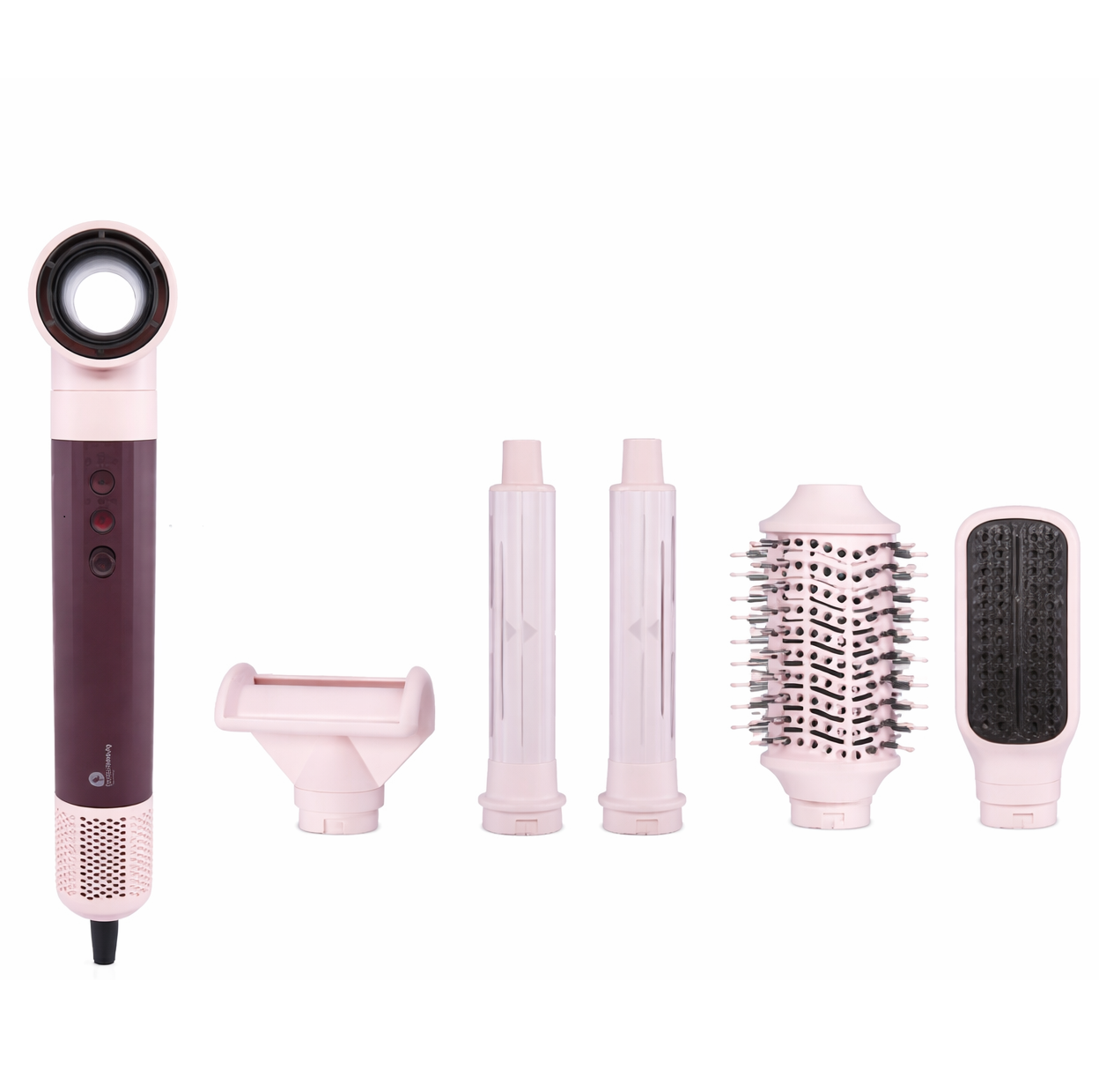 SECADOR PROFISSIONAL 6 EM 1 · PERFECT BEAUTY MULTY DRY · Conjunto de ferramenta de cabelo com cinco acessórios em tons rosa e rosa escuro