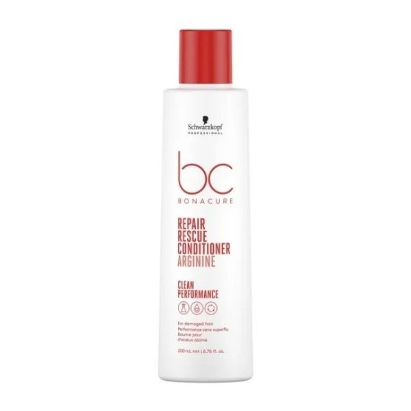 SCHWARZKOPF BONACURE REPAIR RESCUE CONDITIONER 200ML Frasco branco de condicionador Schwarzkopf BC Bonacure com tampa vermelha