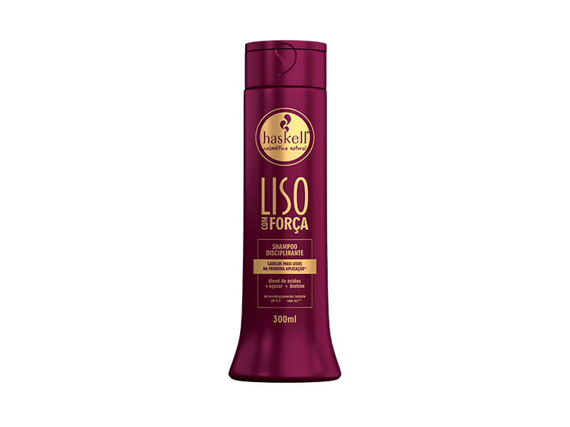 Haskell SHAMPOO LISO COM FORÇA 300ML Frasco de champô Haskell Liso e Força vinho com texto dourado