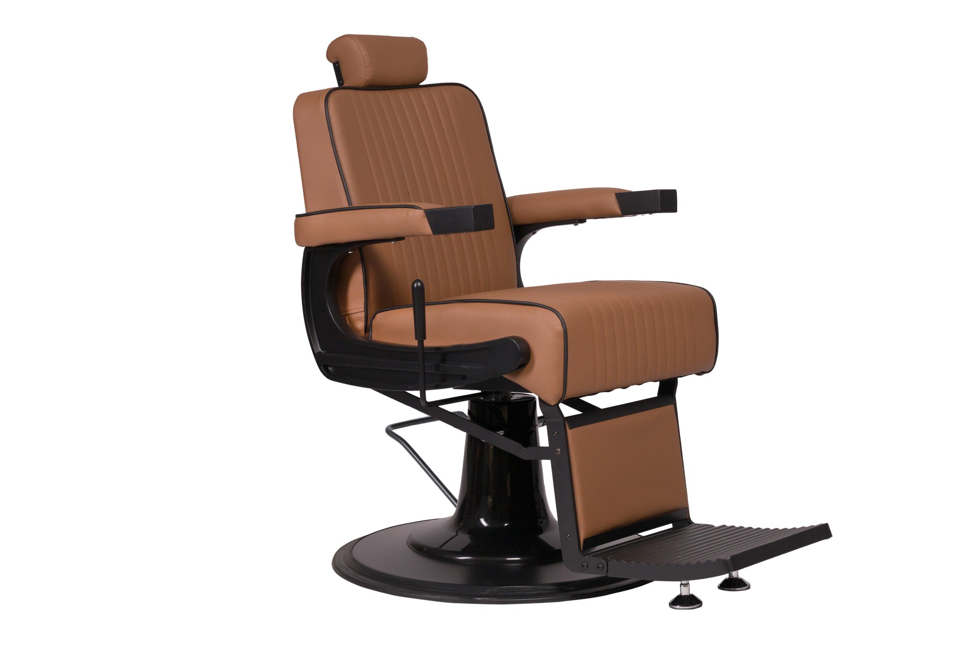 Cadeira de barbeiro Dour Cadeira de barbeiro castanha com base metálica preta e apoio para pés.