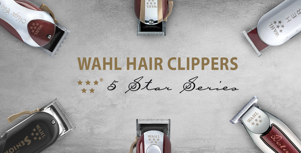 Cinco máquinas de cortar cabelo WAHL em círculo sobre fundo cinza com texto central