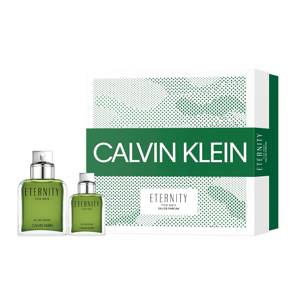 Calvin Klein Eternity Men coffret EDT 100ml+EDT30ml Conjunto de perfumes Calvin Klein Eternity for Men com duas garrafas e caixa branca e verde