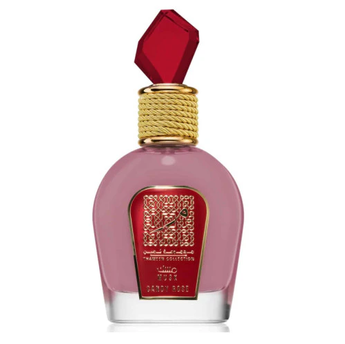 Candy Rose Lattafa Unissex 100ml (Original) Frasco de perfume rosa com tampa vermelha e detalhes dourados