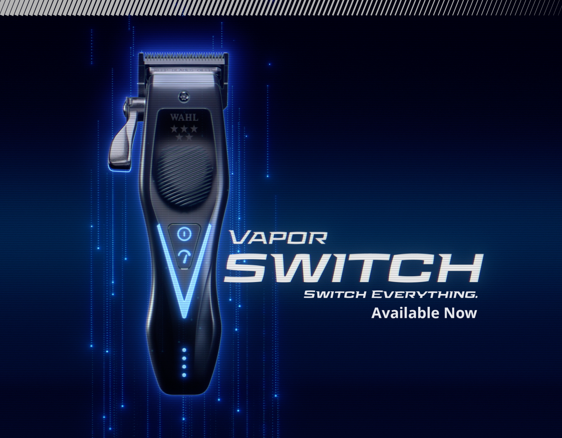 Máquina de cortar cabelo Wahl preta com detalhes em azul luminoso sobre fundo azul escuro