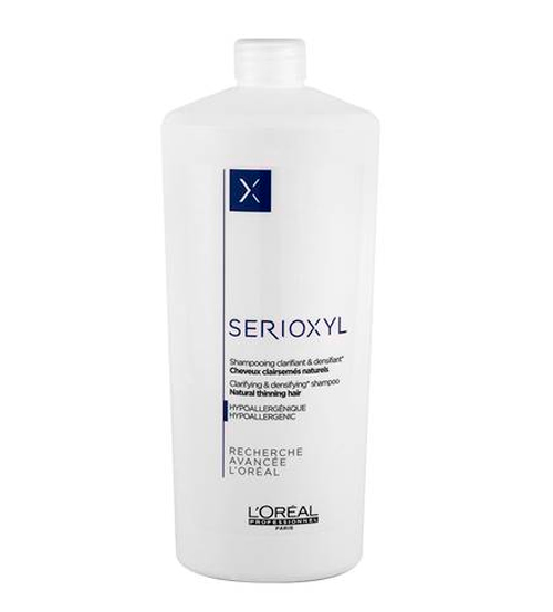 L'Oréal Serioxyl Shampoo Cheveux Clairsemés Naturels 1000ml Frasco branco de champô Serioxyl L'Oréal com texto em inglês e francês