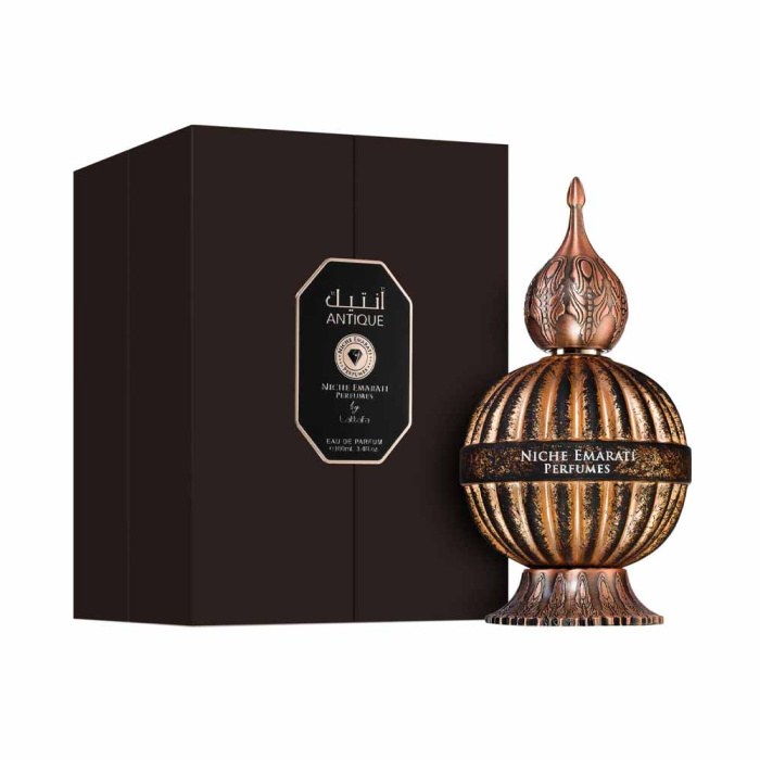 Perfume Unissexo Niche Emarati Antique Lattafa 100ml Frasco e embalagem de perfume Niche Emarati Antique