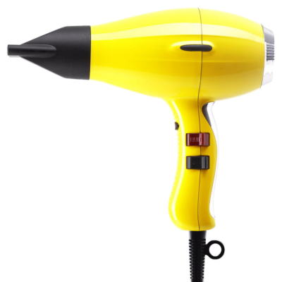 Secador de cabelo amarelo com bocal negro e botões