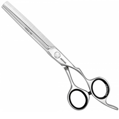 Tesoura de desbaste em metal prateado com detalhes pretos e texto JAGUAR HERA 48