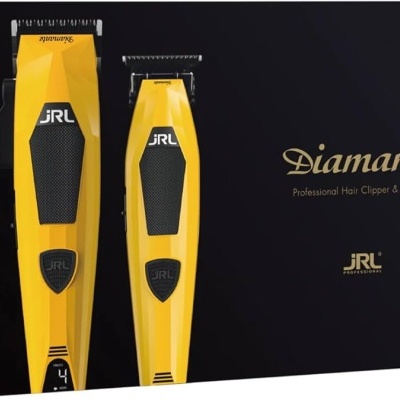 Conjunto de máquina de cortar cabelo e aparador amarelos com caixa preta