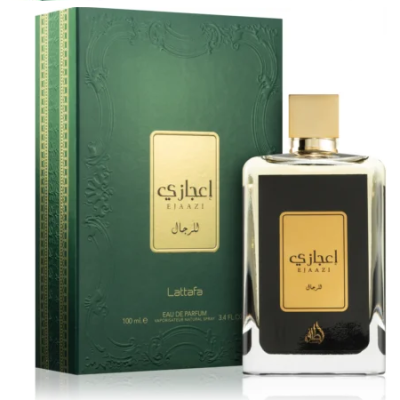 Frasco de perfume Lattafa Ejaazi com caixa verde e dourada