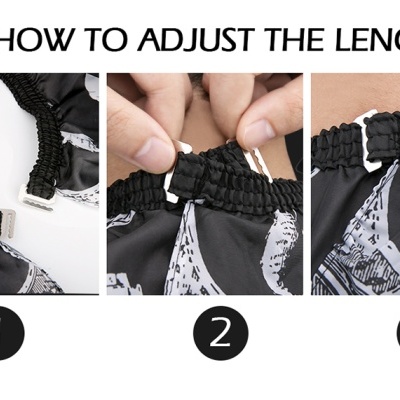 Três fotos mostrando ajuste de comprimento em peça de roupa preta e branca com texto explicativo em inglês