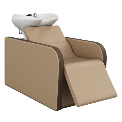 Cadeira lavatório de cabeleireiro castanho e bege com lava-cabeças branco