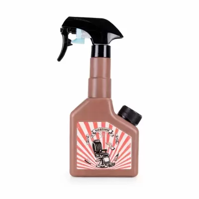 Frasco de spray plástico castanho com tampa preta e etiqueta com cadeira de barbeiro