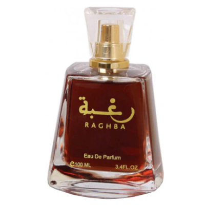 Frasco de perfume RAGHBA em vidro transparente com líquido castanho escuro e tampa transparente