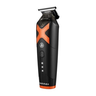 Máquina de cortar cabelo preta e laranja com texto XCEED, IN2 e GAMMA+