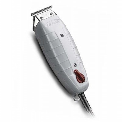 Máquina de cortar cabelo cinzenta com lâmina metálica e botão vermelho