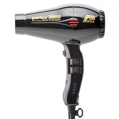 Secador de cabelo Parlux 3800 preto com texto dourado e vermelho, botão no cabo, fundo branco