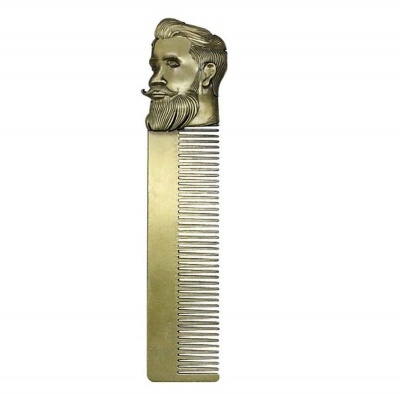 Pente metálico dourado com cabeça decorativa de homem com cabelo e barba