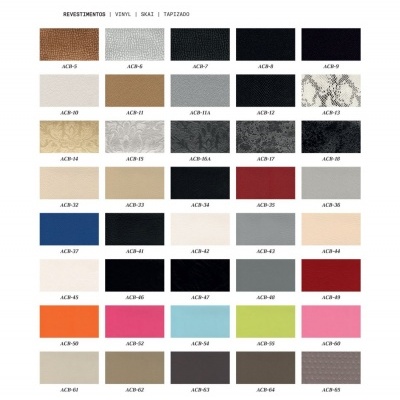Amostras de revestimentos vinil, skai e estofados com várias cores e padrões organizados em linhas
